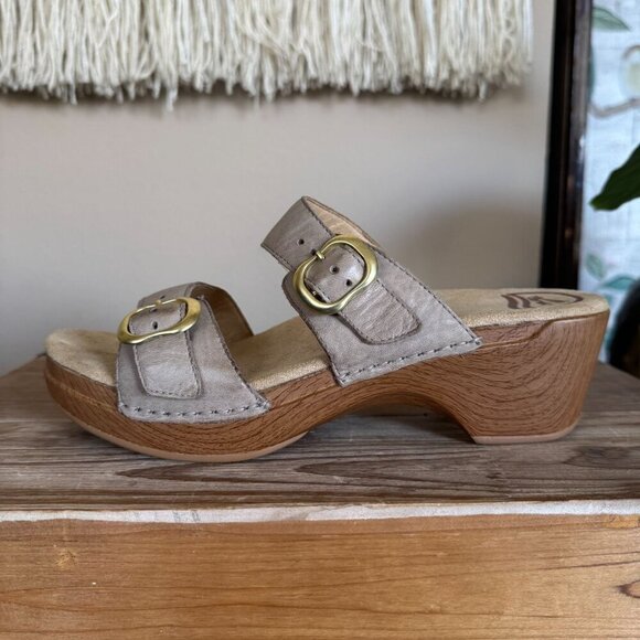 Dansko Sophie Leather Taupe Sand Dollar Double Adjustable Strap Open Toe Clog Si - Picture 5 of 14